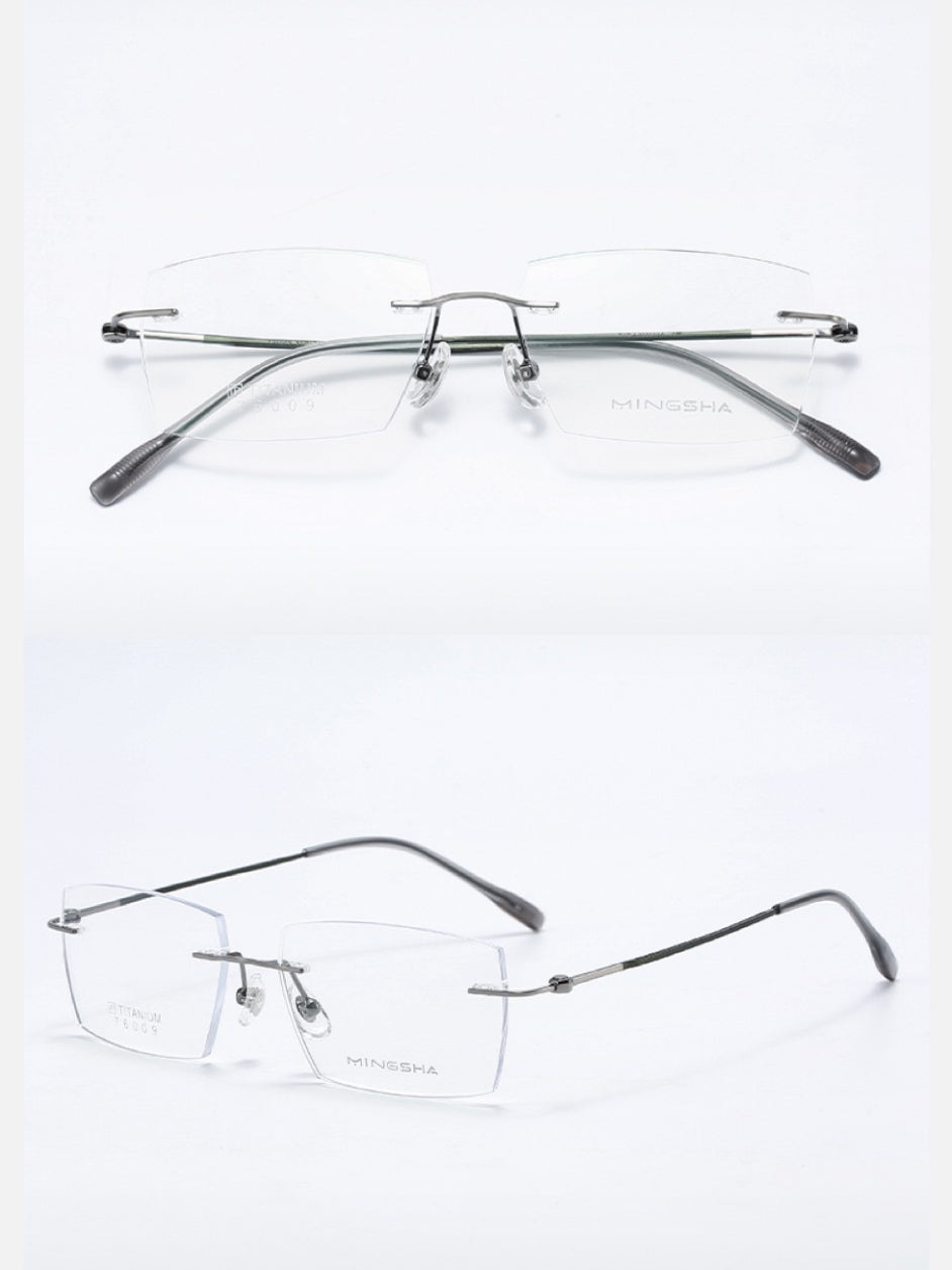 Gunmetal men's semi-titanium geometric rectangular rimless eyeglass frames, product views
