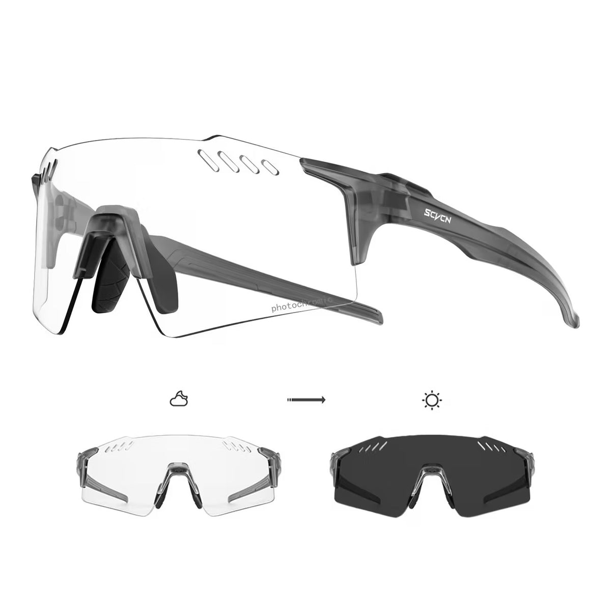 Grey Frame/Photochromic Grey Lens 45-degree product view of Protective Windproof Sports Sunglasses