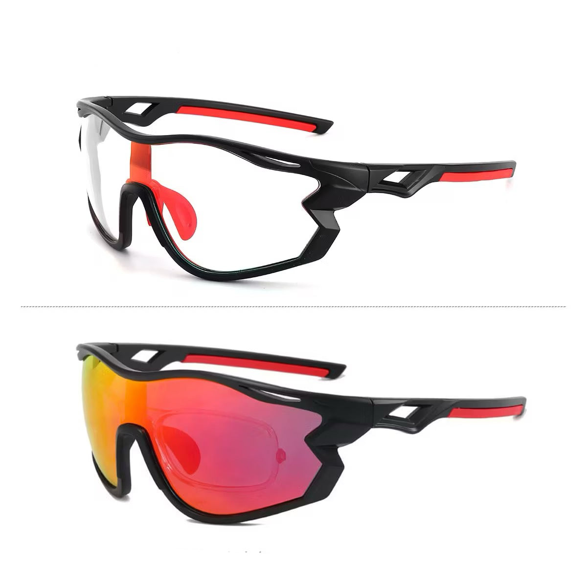 Black Frame/Photochromic Red Lens 45-degree product view of Outdoor Adventure Windproof Sports Sunglasses
