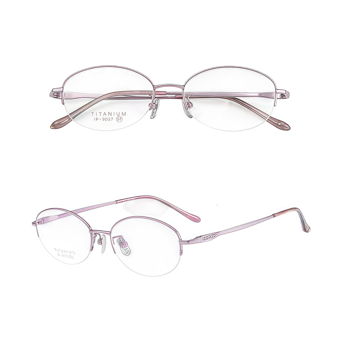 Grey and purple pure-titanium semi-rimless glasses, combined front and 45-degree product views