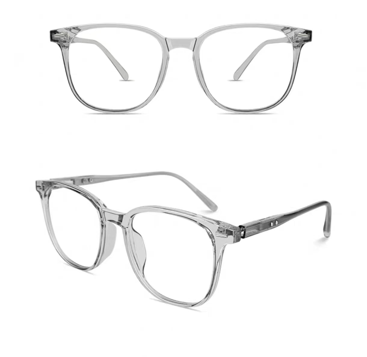 Gray oversized square full-rim eyeglass frame, front and three-quarter product views