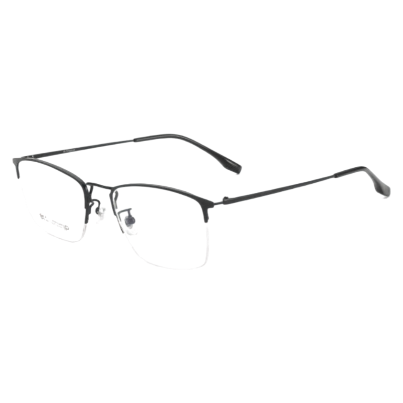 Black casual rectangular browline profile semi-rimless eyeglass frame, three-quarter product view