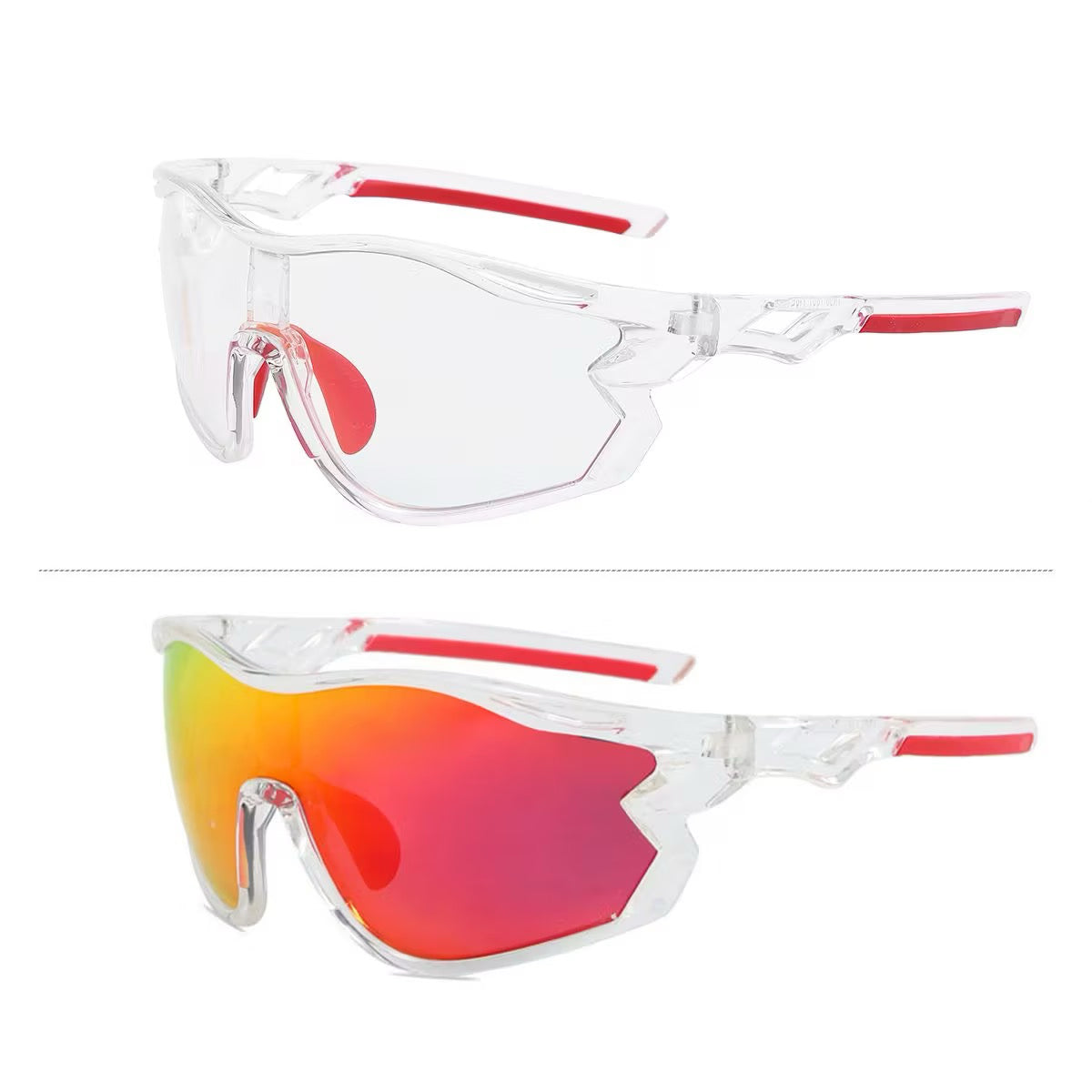 Crystal Clear Frame/Photochromic Red Lens 45-degree product view of Outdoor Adventure Windproof Sports Sunglasses
