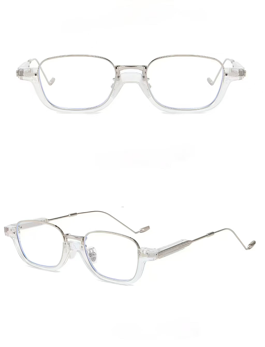 Women’s Crystal Clear full-rim narrow rectangle sunglasses, front and three-quarter product views