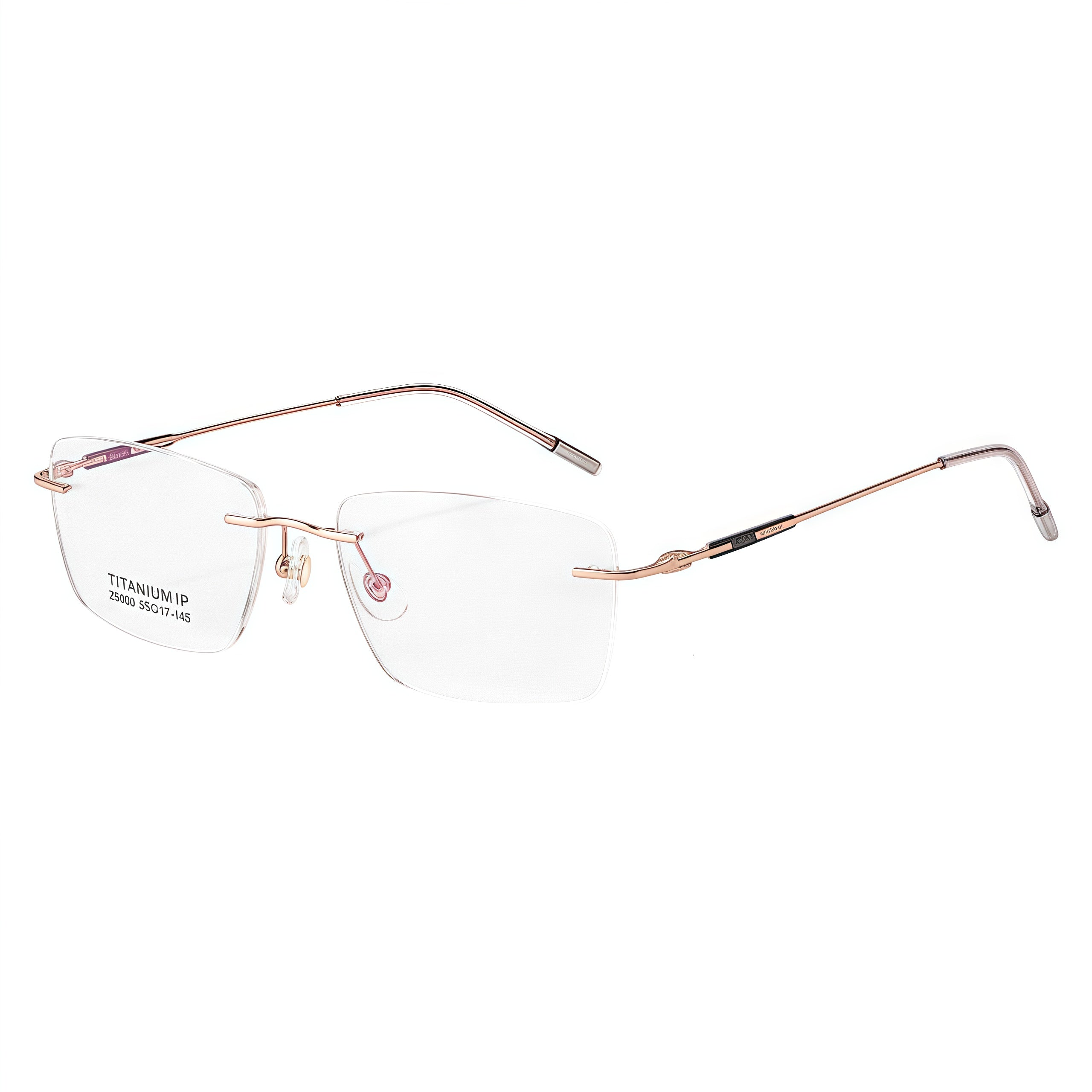 Rose Gold unisex titanium rimless narrow rectangular eyeglass frames, product view