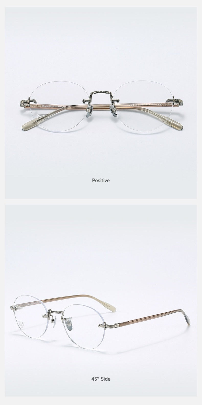Antique Bronze/Brown women's titanium and acetate rounded geometric rimless eyeglass frames, product views