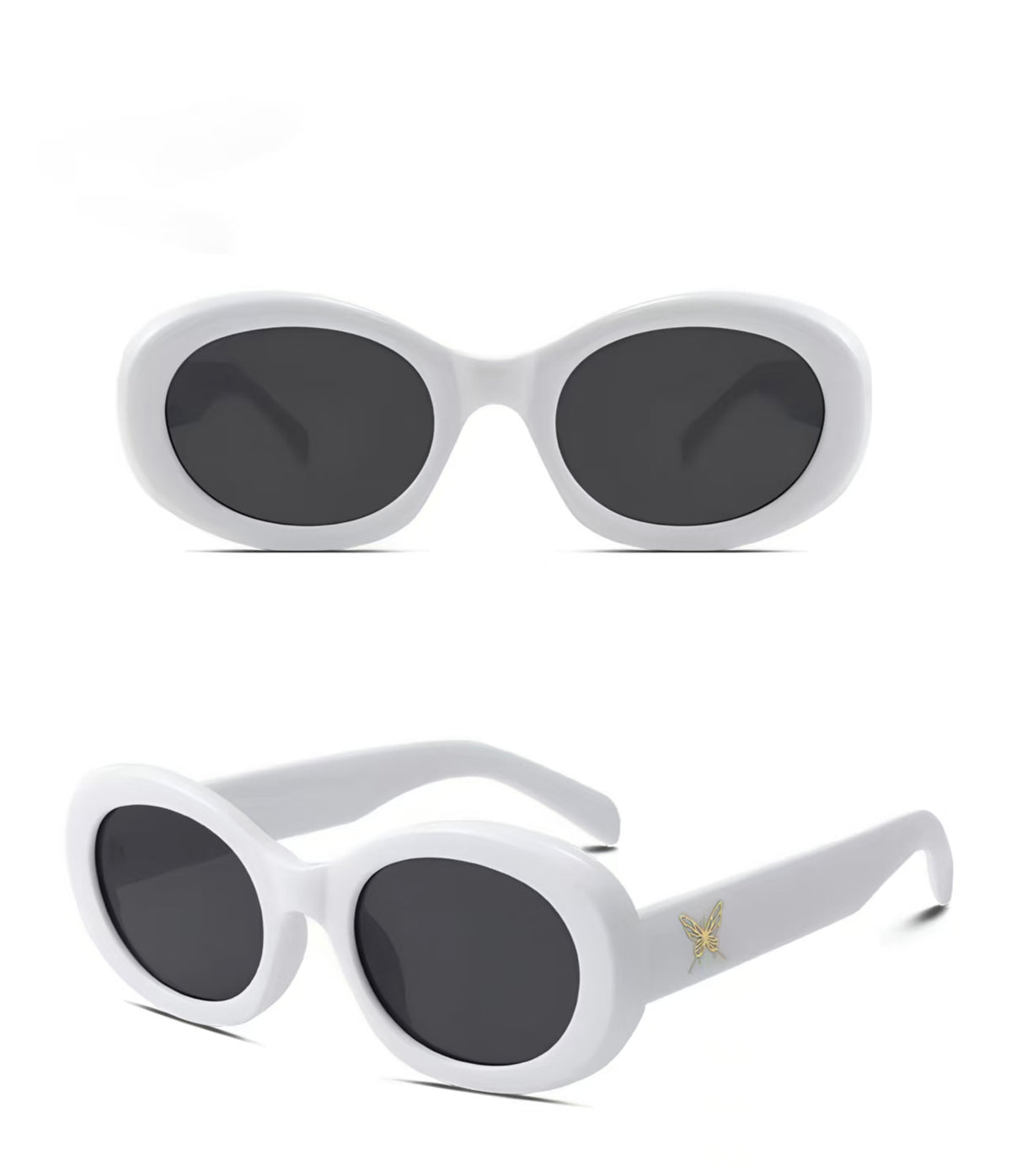 Women’s White full-rim oval cat-eye sunglasses, front and three-quarter views
