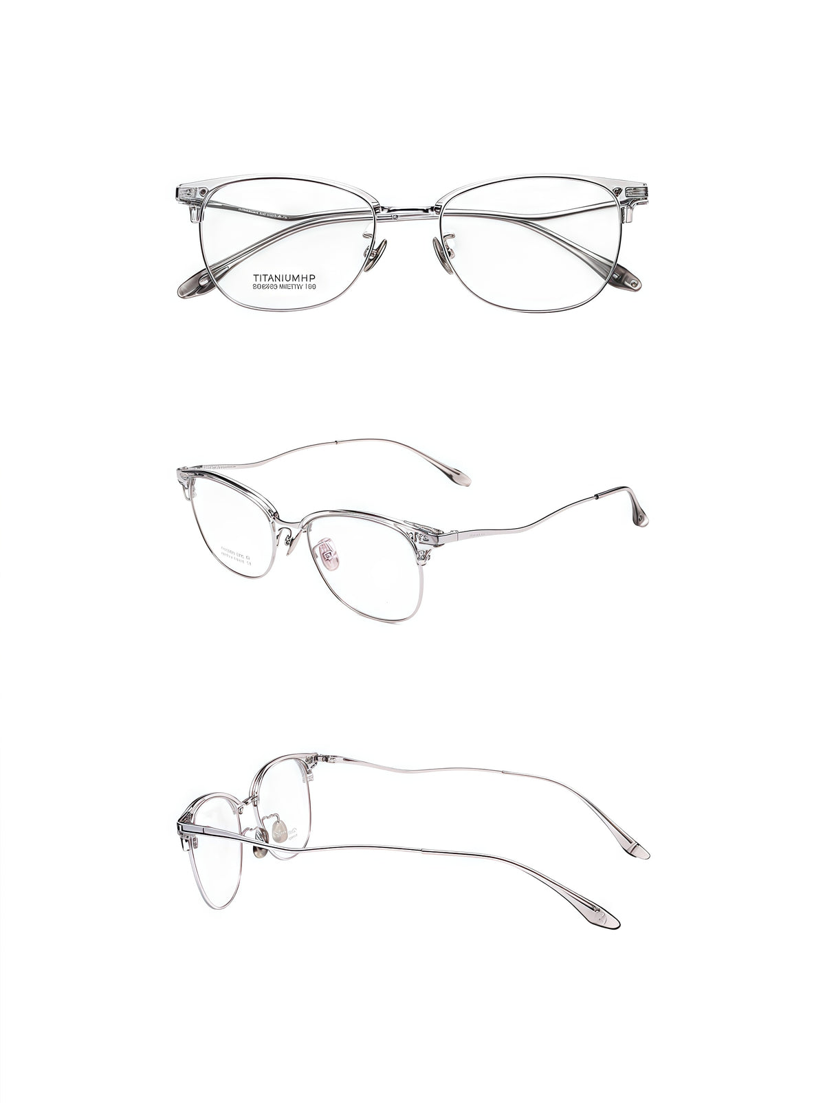 Crystal Grey/Silver unisex vintage TR-and-titanium semi-rimless glasses, original front, 45-degree and side detail