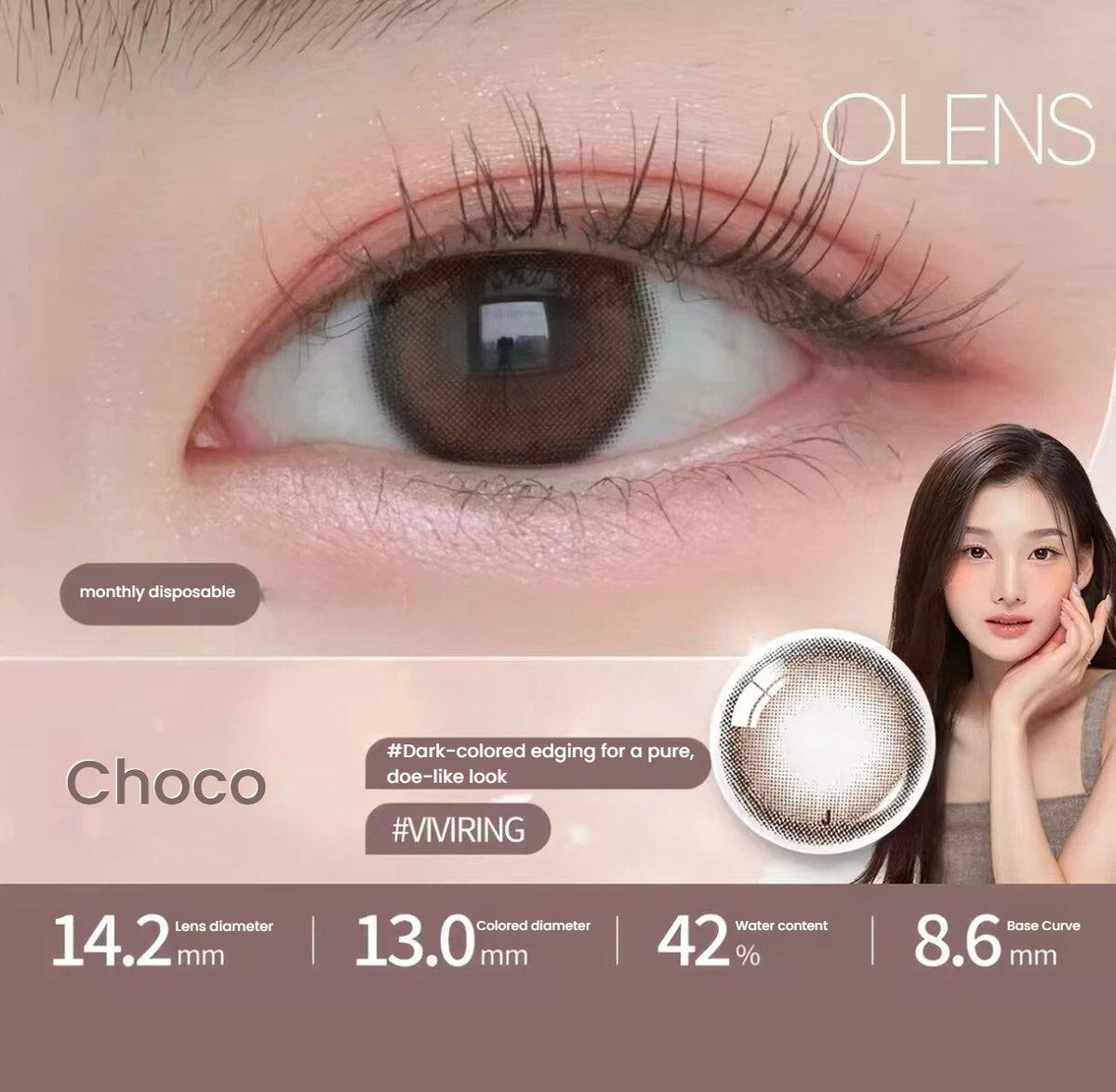 OLENS ViVi Ring Choco toric contact lens shown on an eye