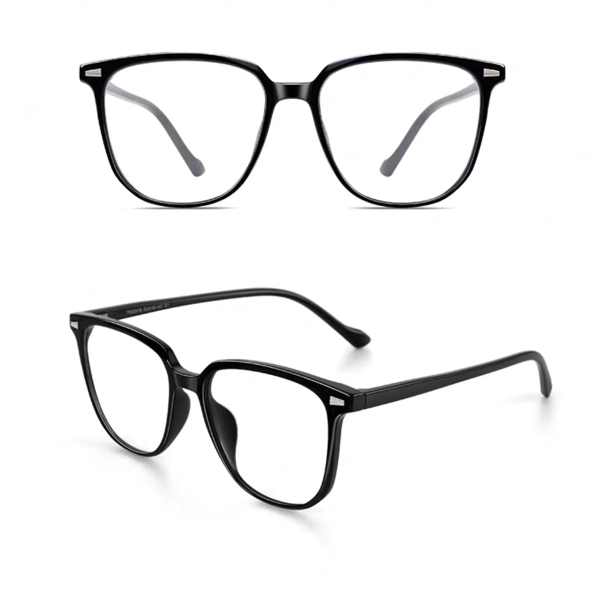 Black square full-rim eyeglass frame, front and three-quarter product views