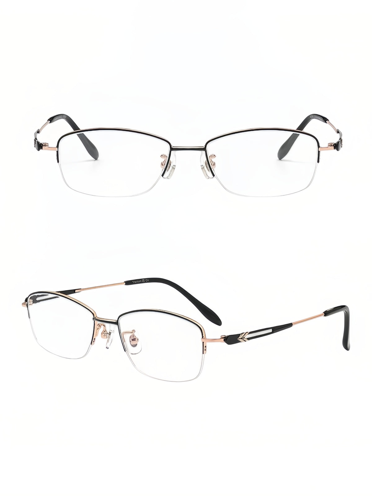 Black and Rose Gold women's minimalist pure-titanium semi-rimless glasses, original front and 45-degree detail