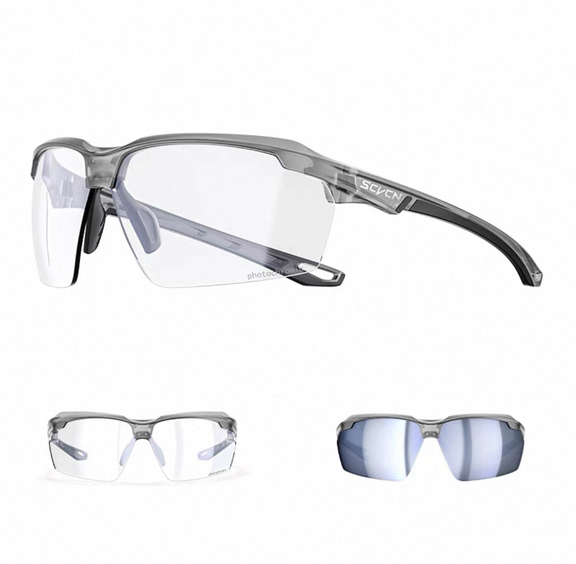 Crystal Grey Frame/Photochromic Silver Lens front and 45-degree product views of Day & Night Outdoor Sports Sunglasses
