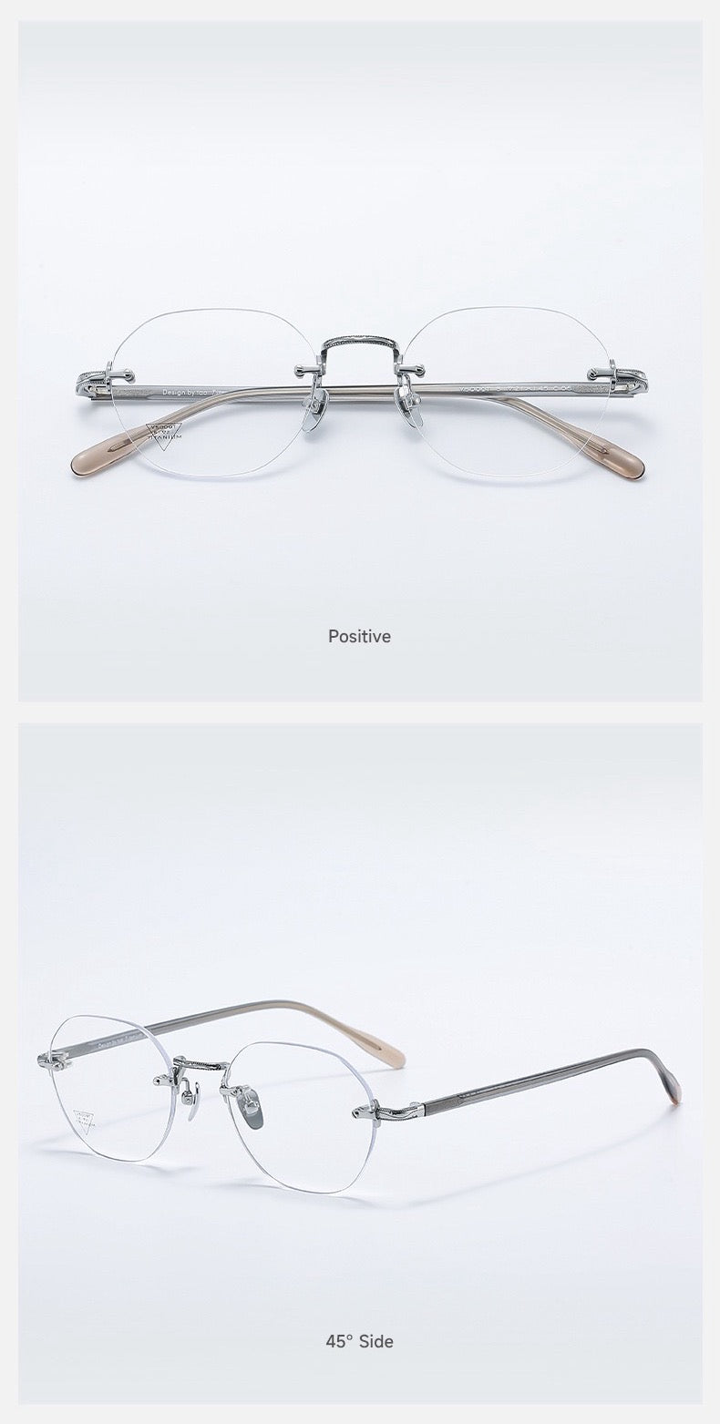 Silver/Grey Brown women's pure titanium and acetate soft-square rimless eyeglass frames, product views