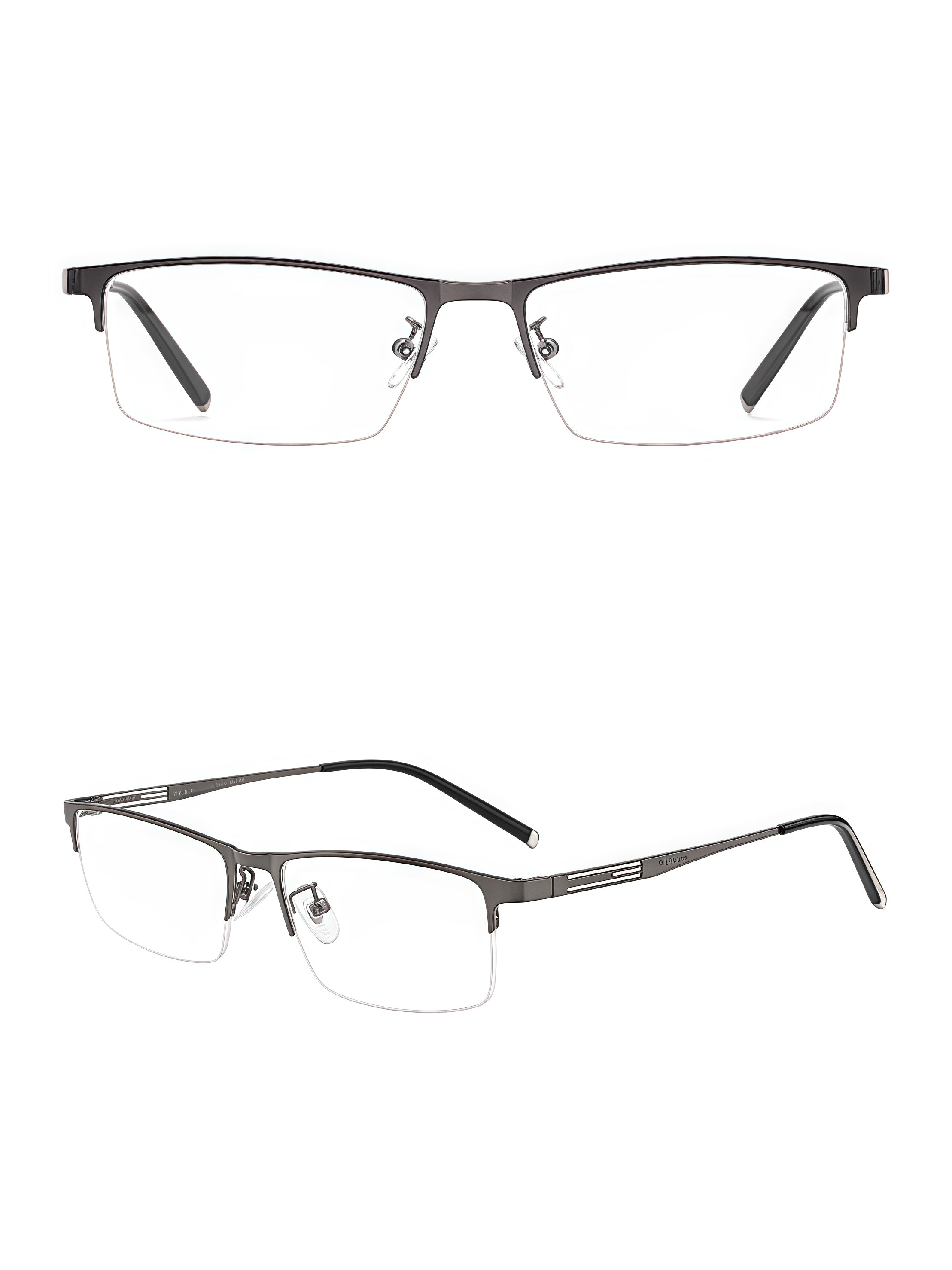 Gunmetal titanium-alloy semi-rimless rectangular glasses, original front and 45-degree views