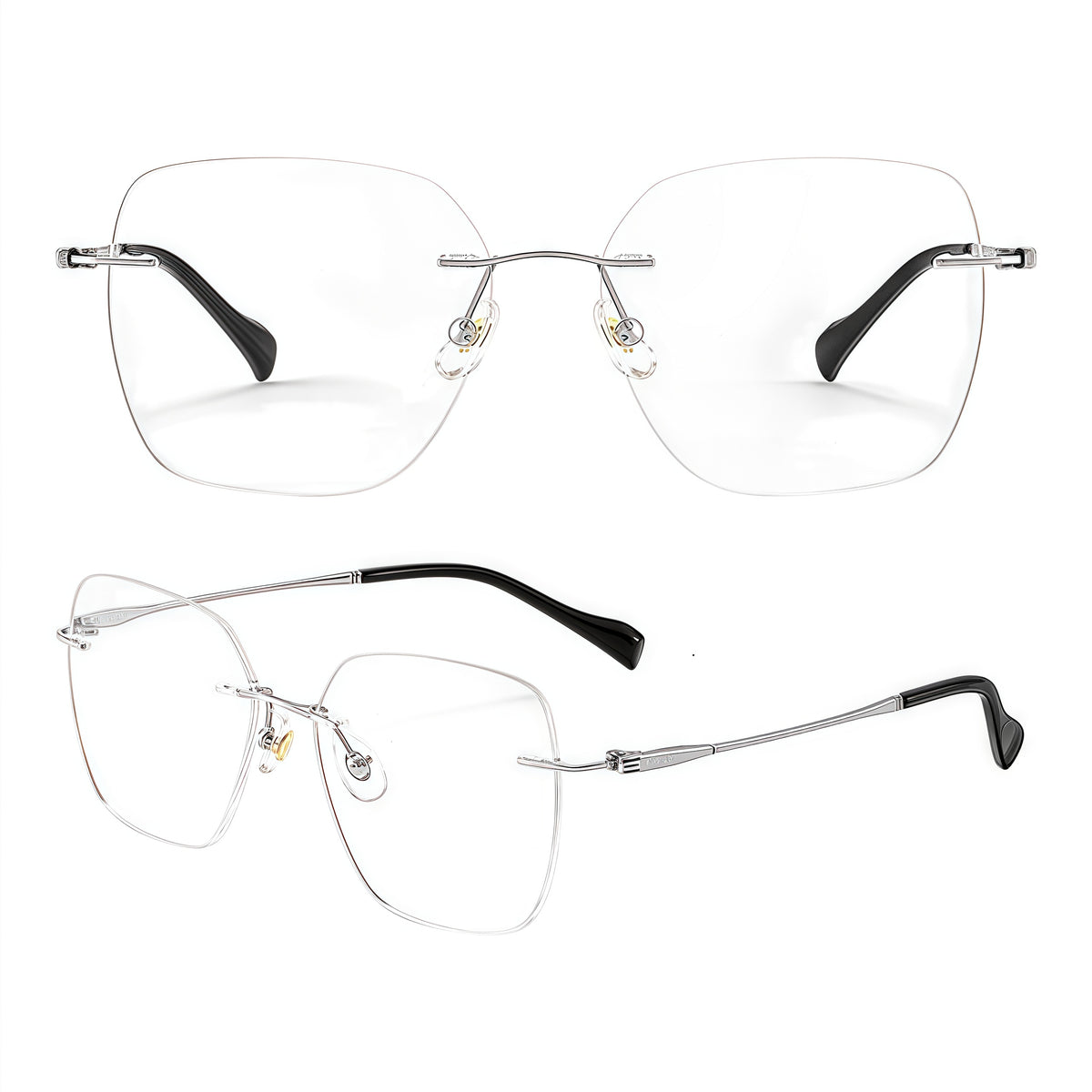 Silver rimless soft-square pure titanium eyeglass frames, supplier front and angle reference