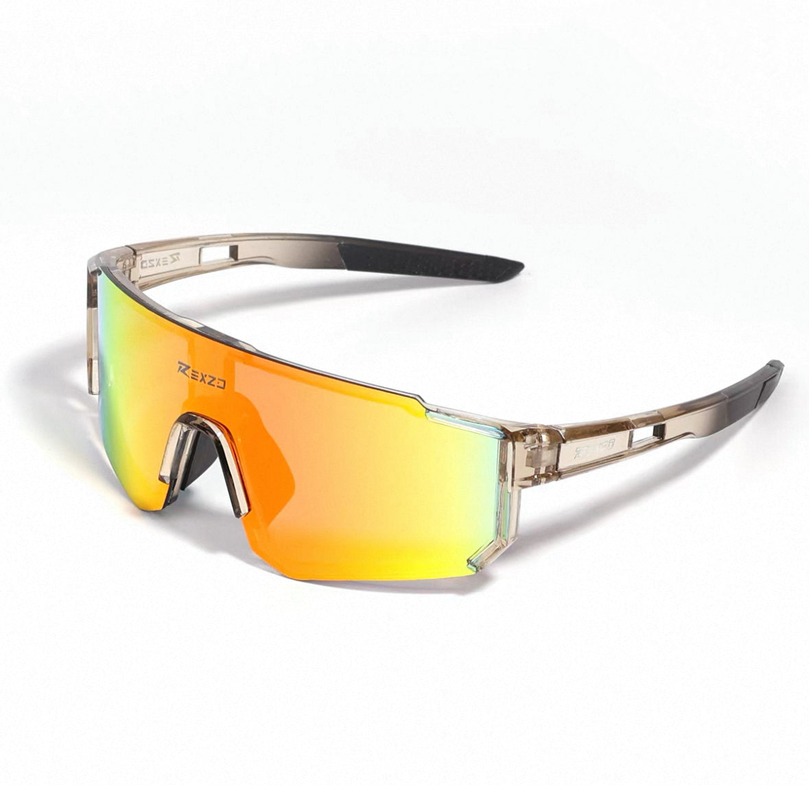 Crystal Brown Frame/Red Mirror Lens front and 45-degree product views of Wraparound Windproof Dustproof Sports Sunglasses