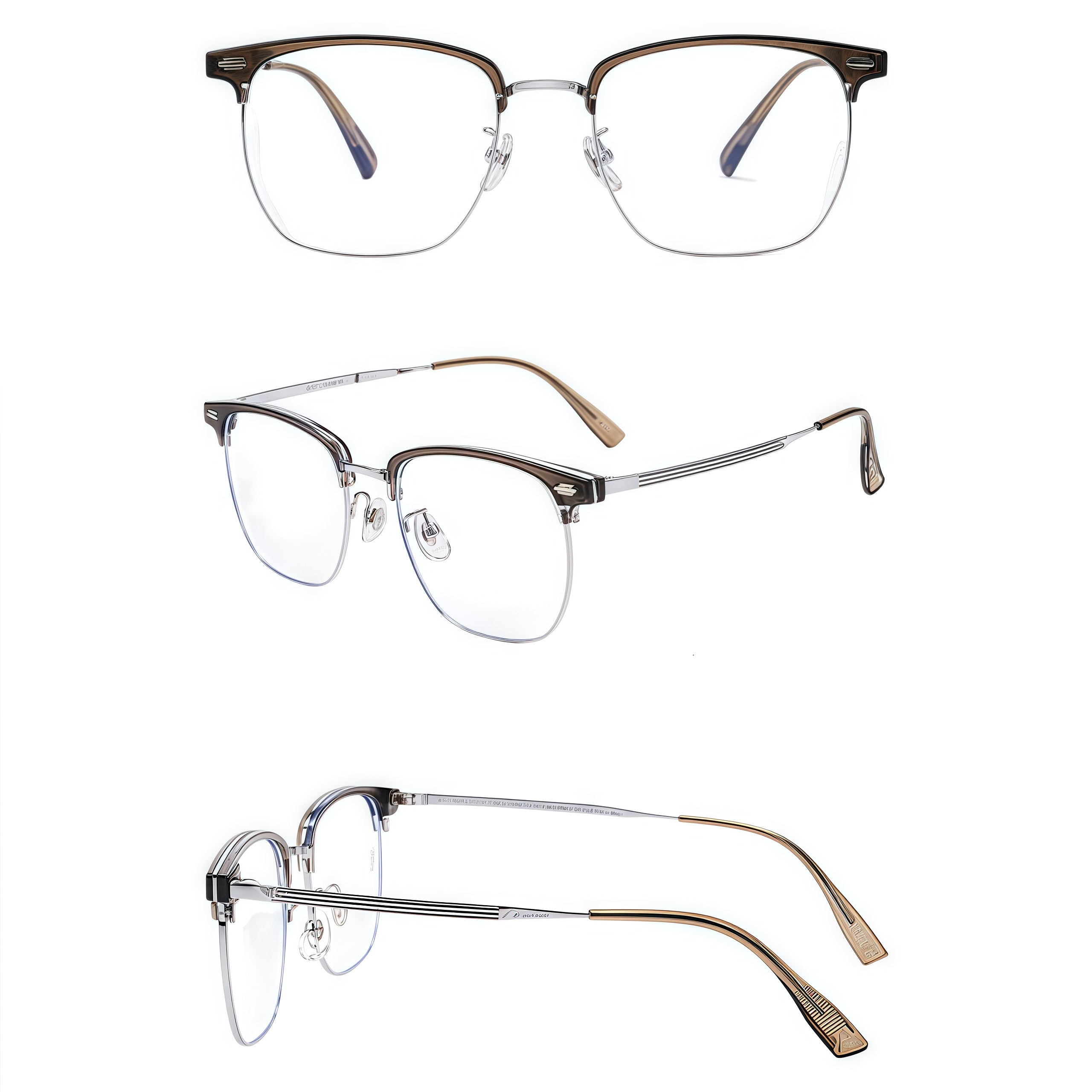 Crystal Brown/Silver TR brow semi-rimless glasses, front, 45-degree and side composite detail