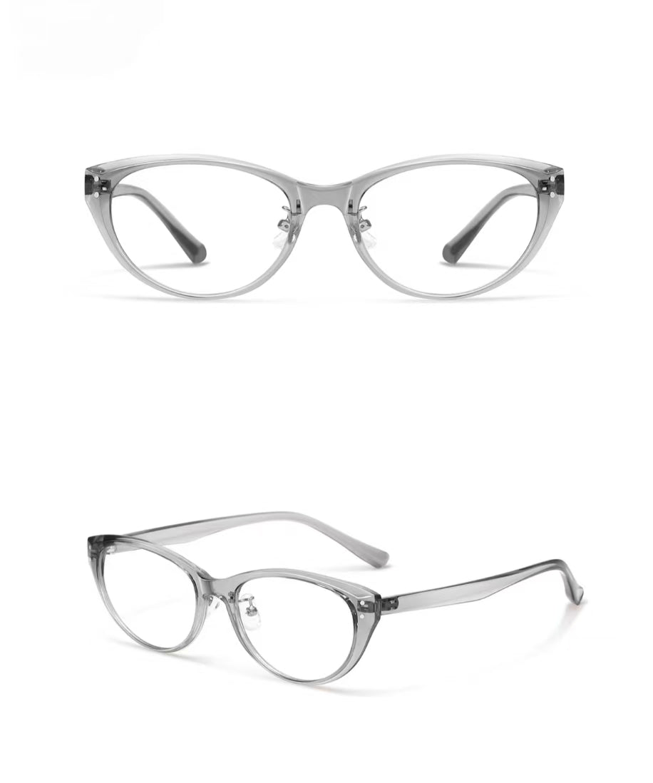 Crystal Gray women's TR90 cat-eye glasses, original front-and-45-degree composite detail