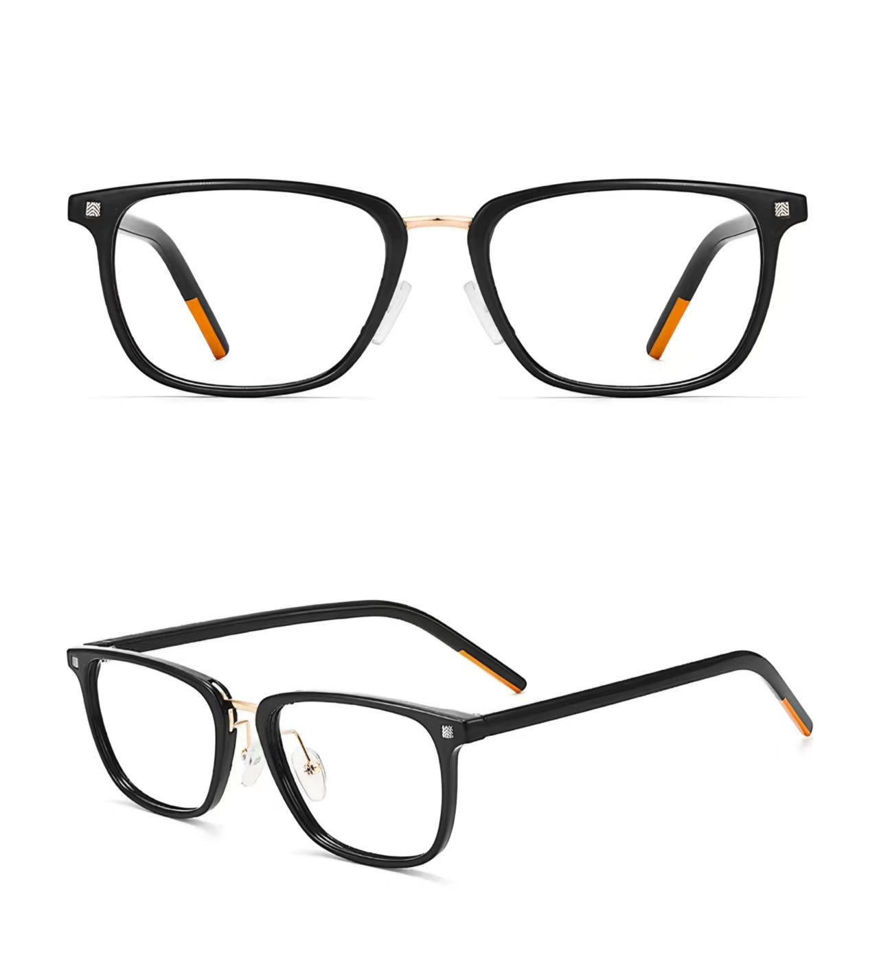 Black&Gold ultra-light acetate full-rim glasses, front and 45-degree composite detail view