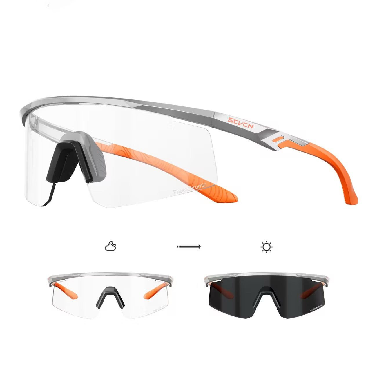 Silver Frame/Photochromic Grey Lens front and 45-degree product views of Windproof Outdoor Sports Glasses