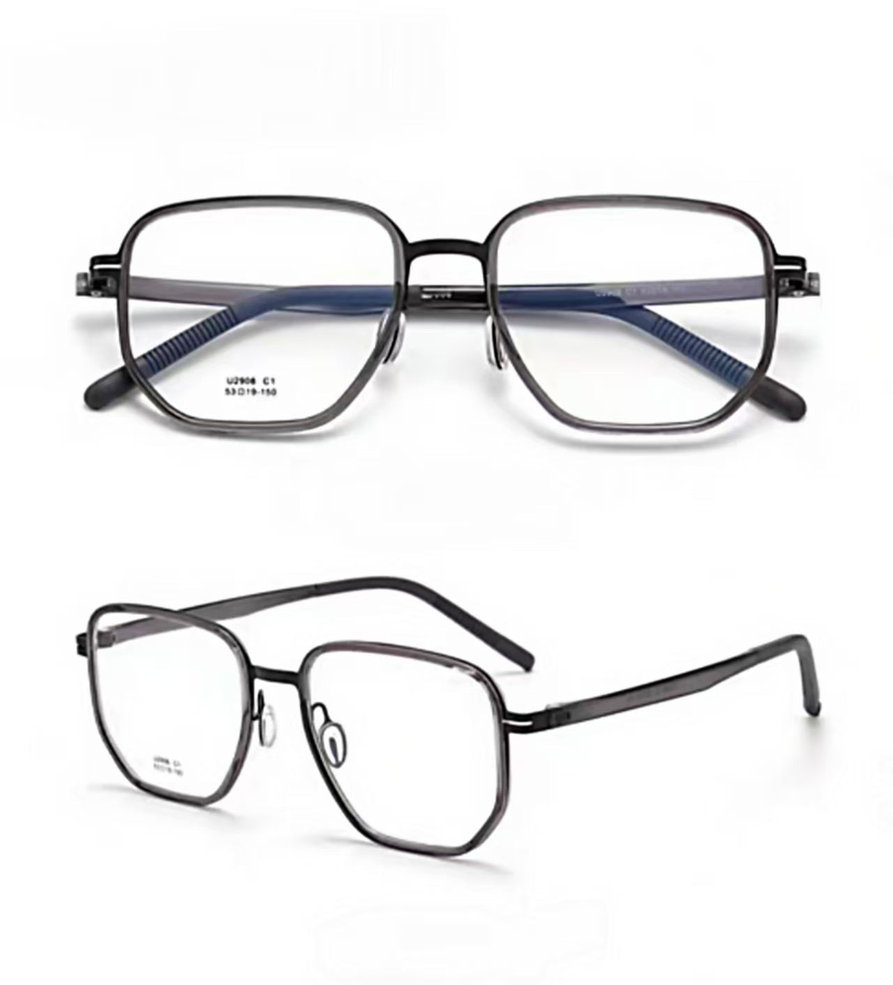 Charcoal Gray ultra-light titanium and TR90 full-rim glasses, front and 45-degree composite detail view