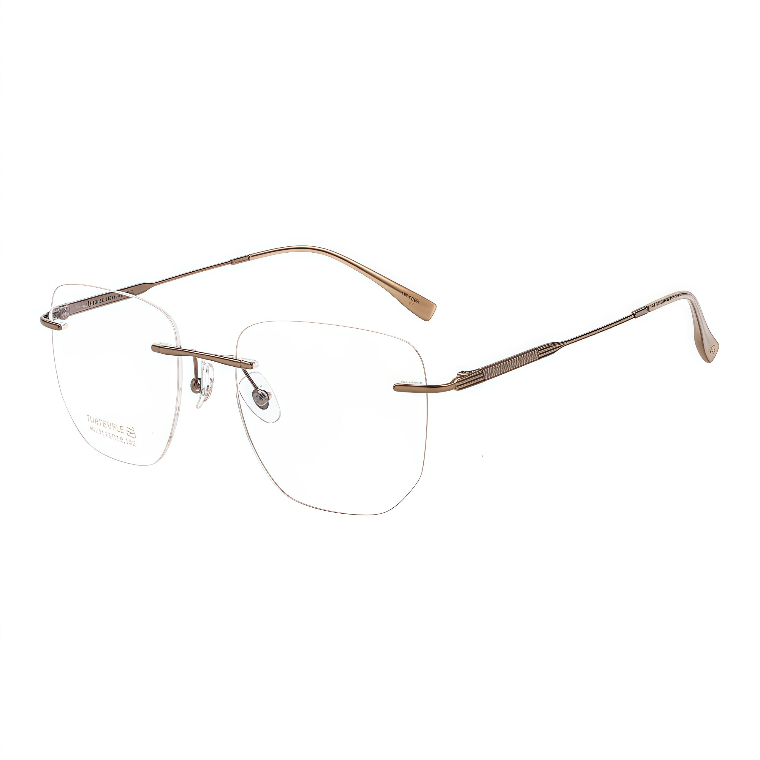 Antique Bronze women's titanium rimless softly-square leaf-temple glasses, supplier detail