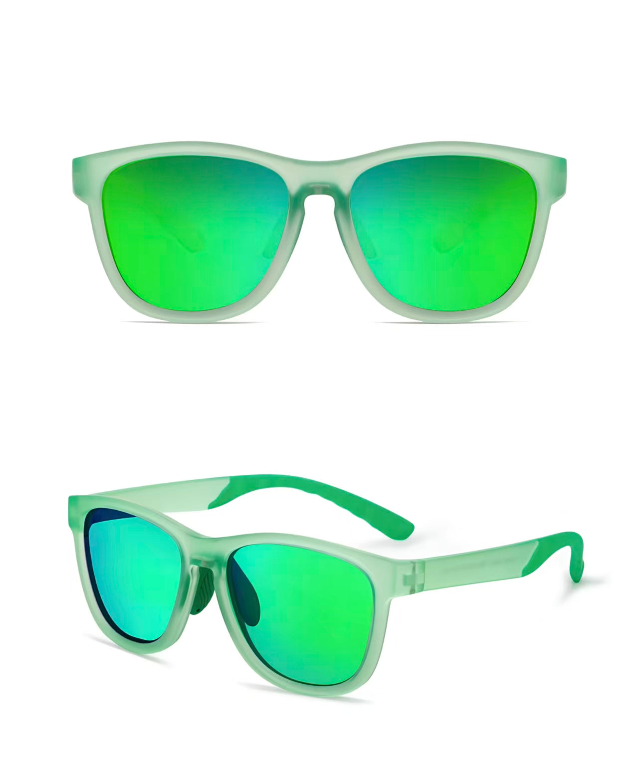 Green front and 45-degree product views of Pro Men’s Square Polarized UV400 Running Cycling Sports Sunglasses