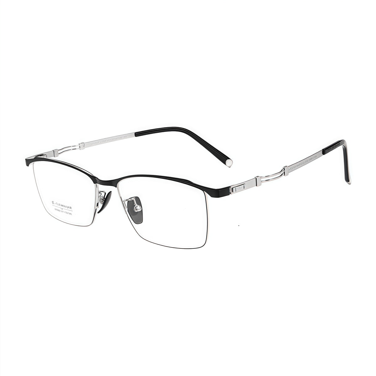 Black/Silver men's professional alloy semi-rimless glasses, original 45-degree product view