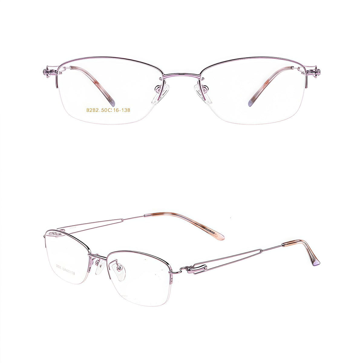 Purple elegant alloy semi-rimless glasses, original front and 45-degree product views
