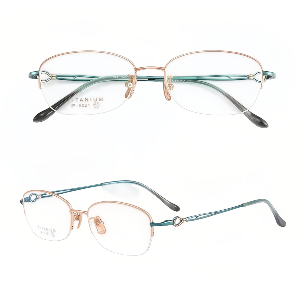 Rose Gold women's vintage minimalist pure-titanium semi-rimless glasses, original front and 45-degree detail