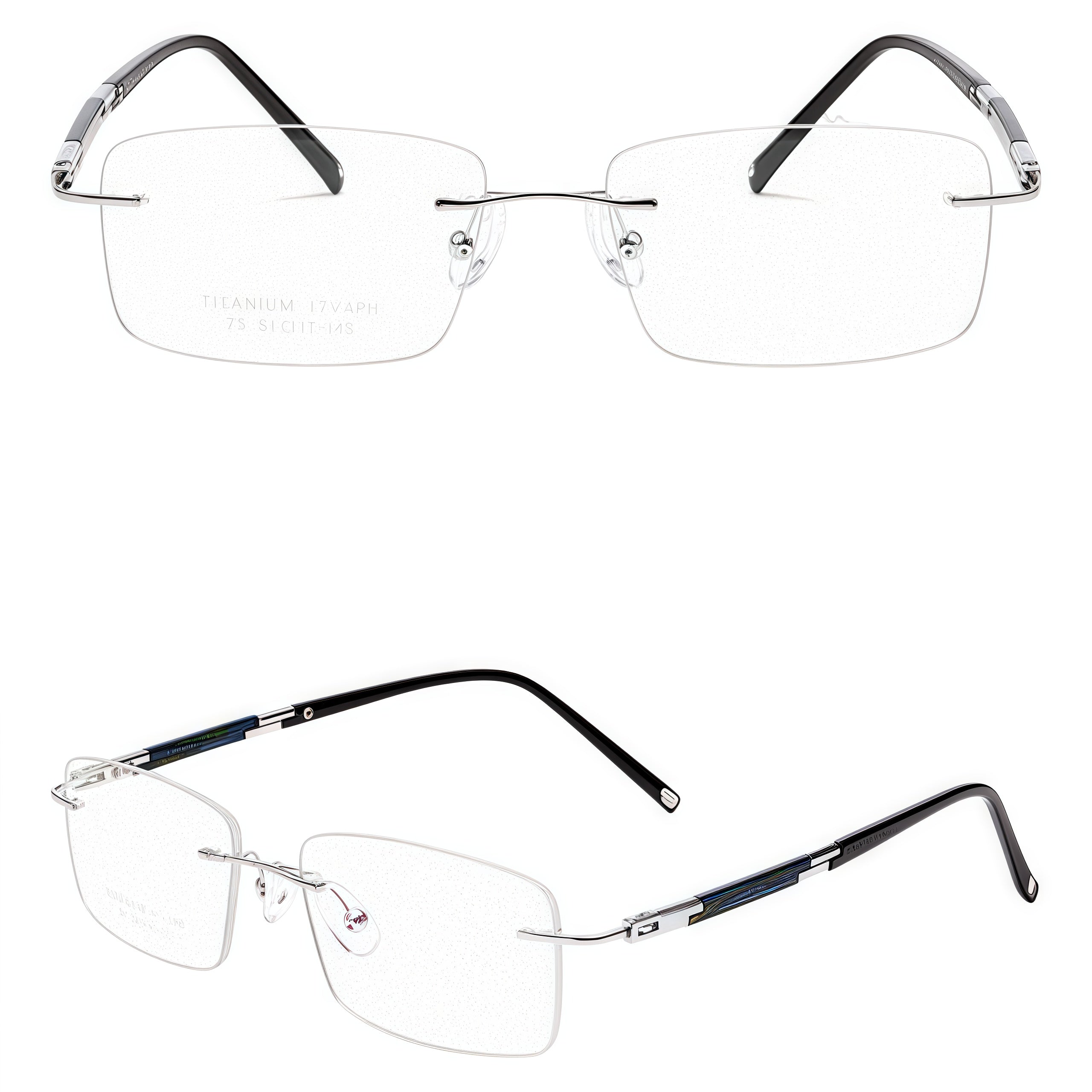 Silver front and 45-degree product views of Modern Business Casual Rimless Eyeglasses