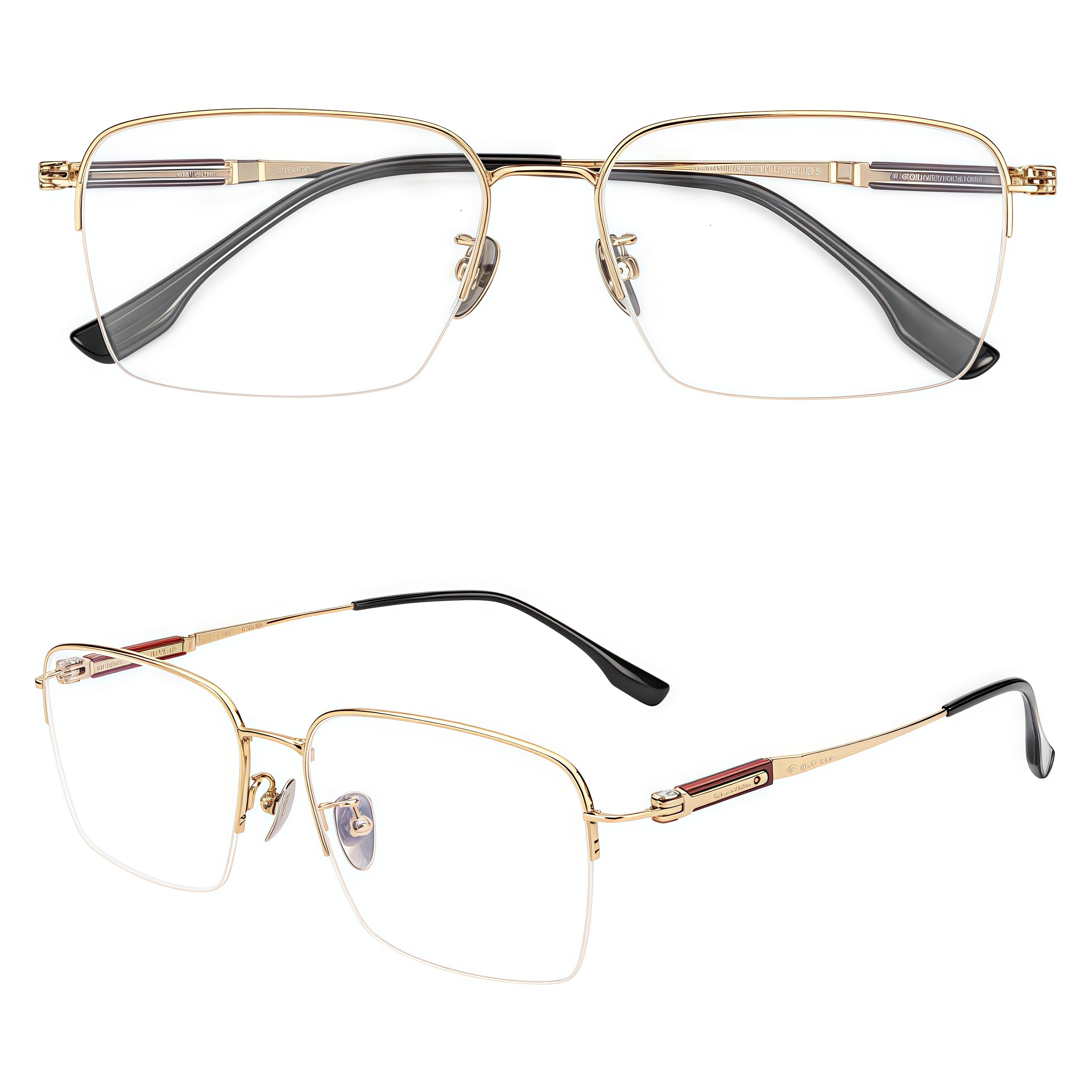 Gold pure titanium semi-rimless glasses, front and 45-degree composite detail