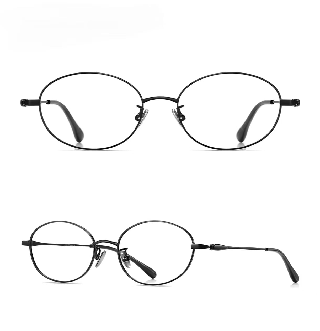 Black women's ultralight titanium-alloy oval glasses, supplier front and 45-degree composite detail