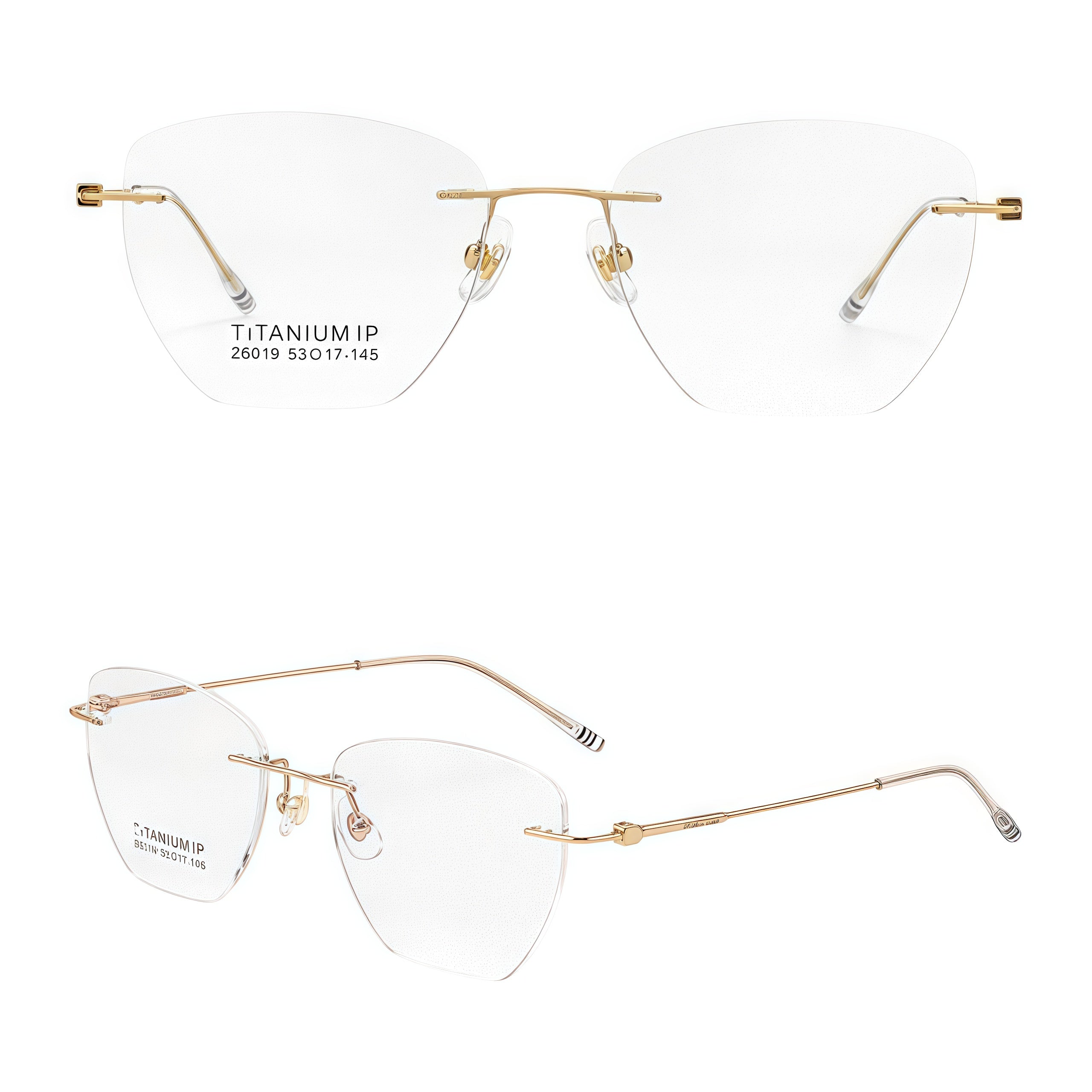 Gold unisex pure titanium geometric rimless eyeglasses, 45-degree view