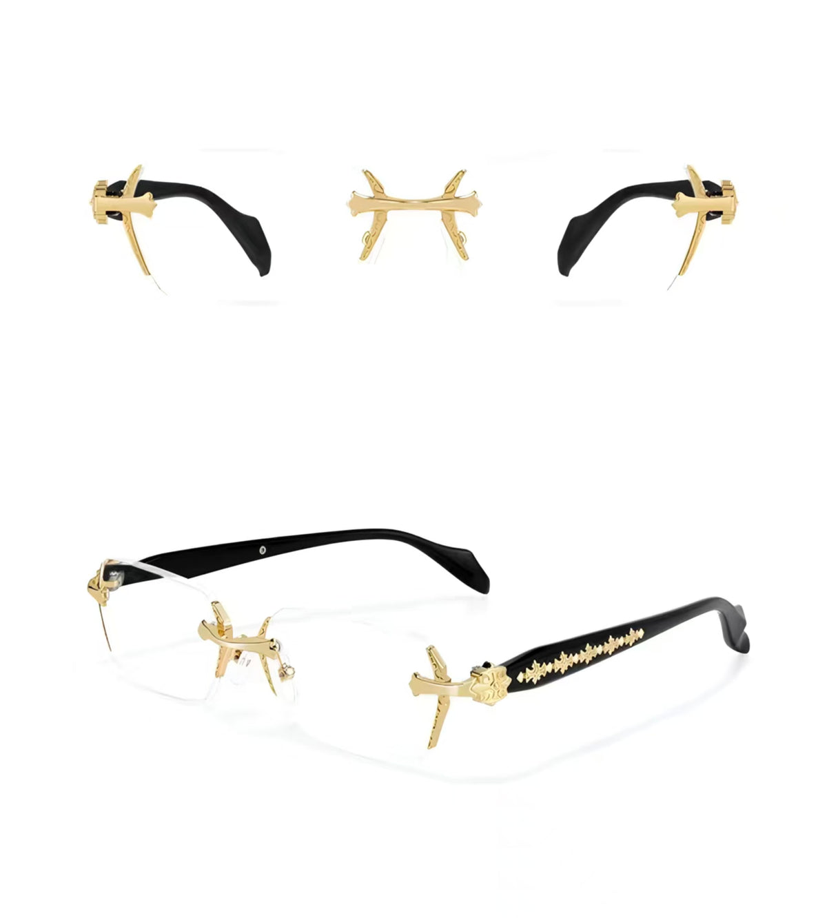 Gold women's ornate rimless alloy glasses, supplier multi-view composite detail