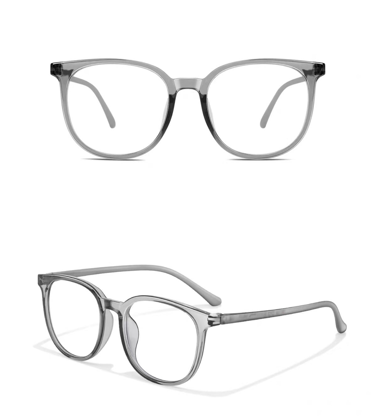 Crystal Gray women's retro oversized TR90 full-rim glasses, original front and 45-degree composite detail