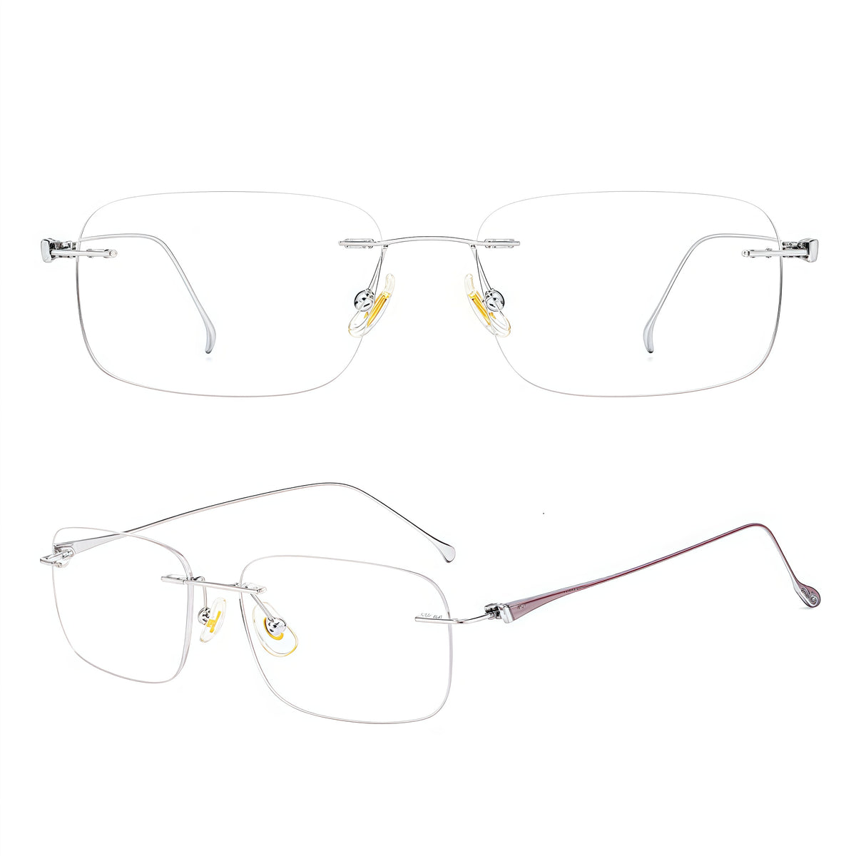 Silver women's lightweight titanium rimless rectangular glasses, supplier composite detail