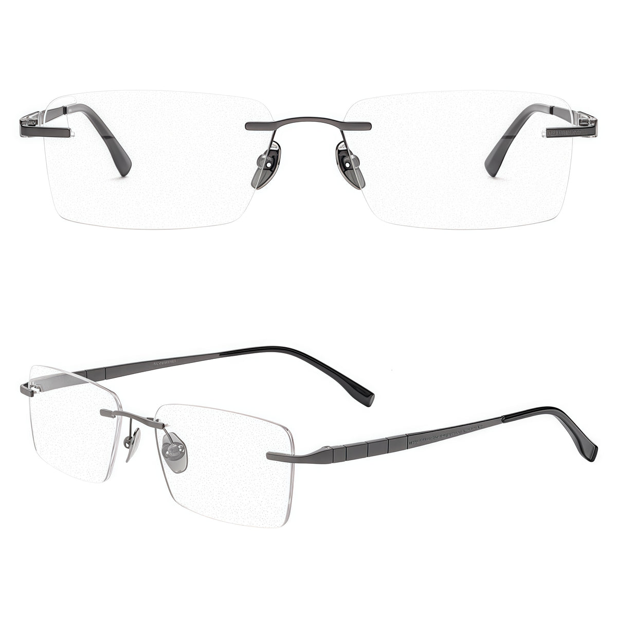 Gunmetal men's pure-titanium rimless rectangular segmented-temple glasses, supplier composite detail