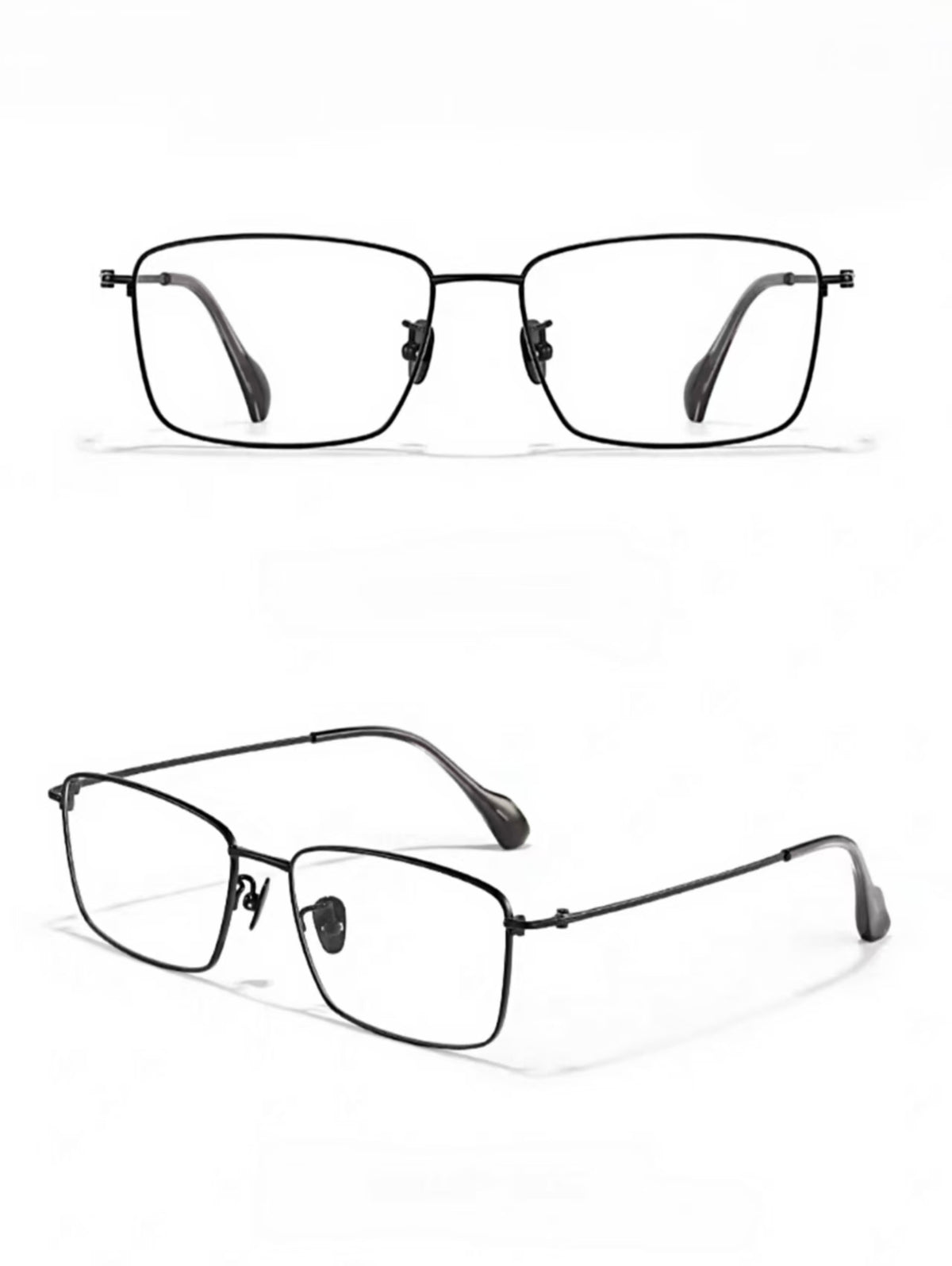 Black unisex ultralight titanium-alloy shallow square glasses, supplier front and 45-degree composite detail