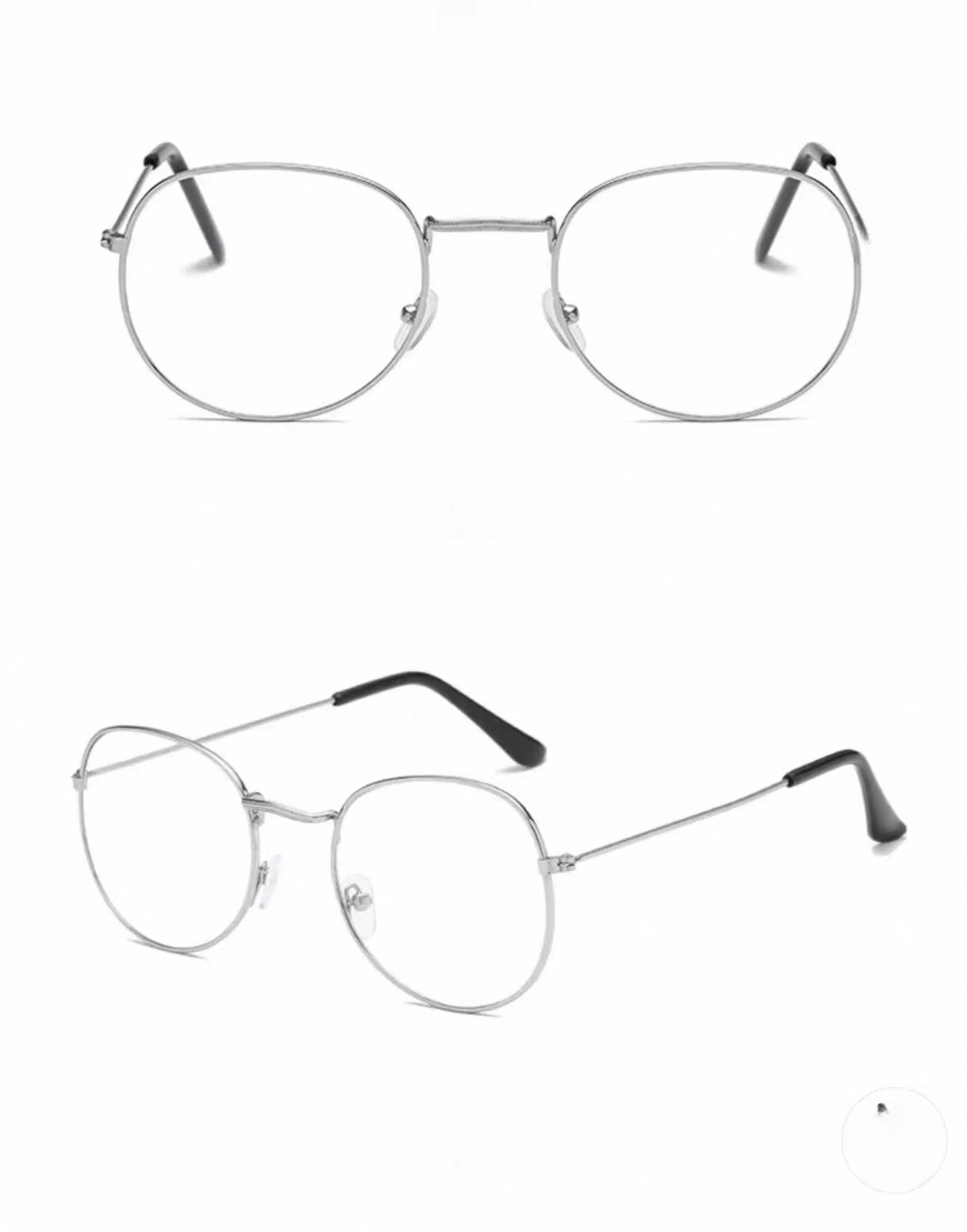 Silver front and 45-degree product views of Unisex Retro Alloy Round Full-Rim Glasses