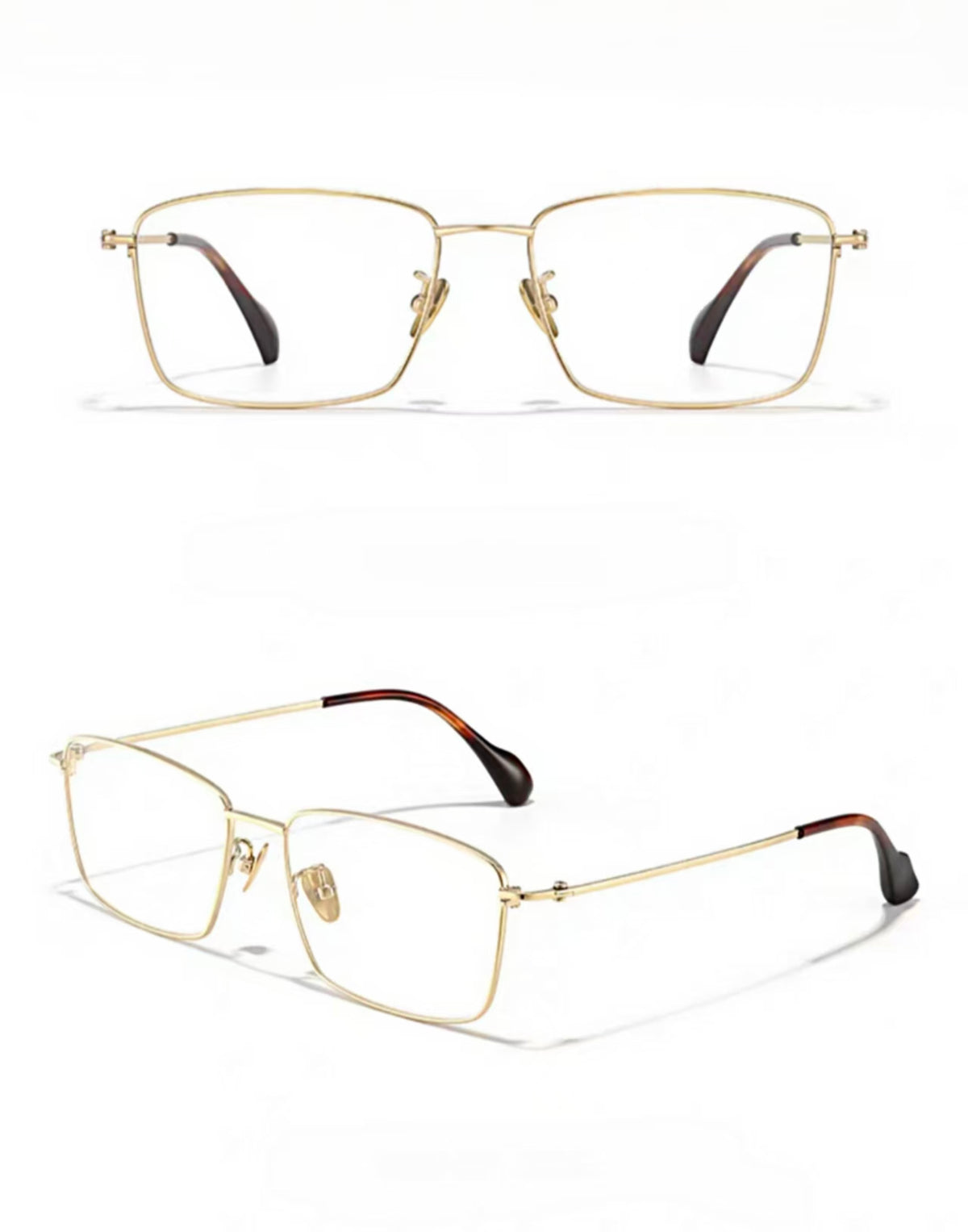 Gold unisex ultralight titanium-alloy shallow square glasses, supplier front and 45-degree composite detail