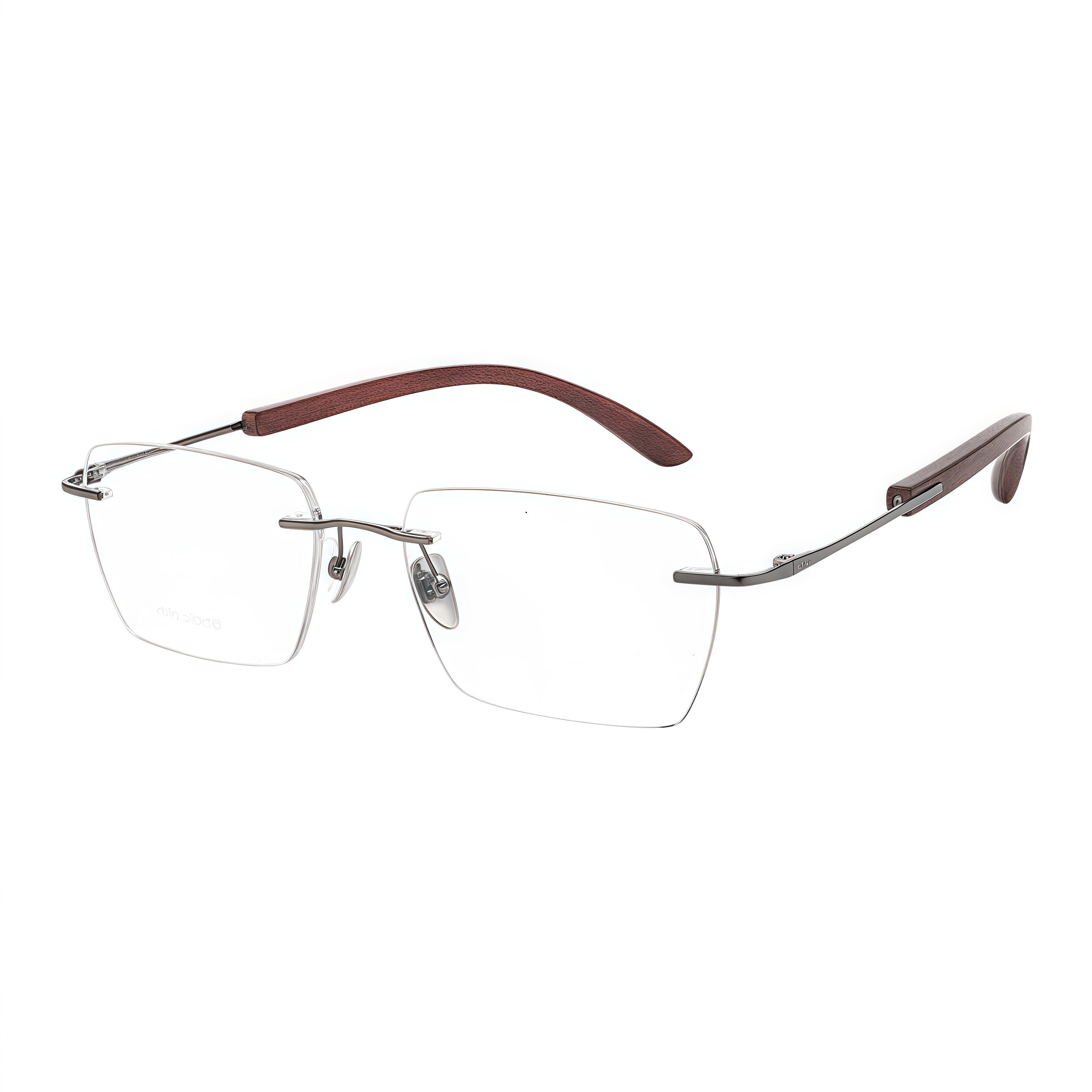 Gunmetal men's vintage rimless rectangular glasses in a 45-degree product view