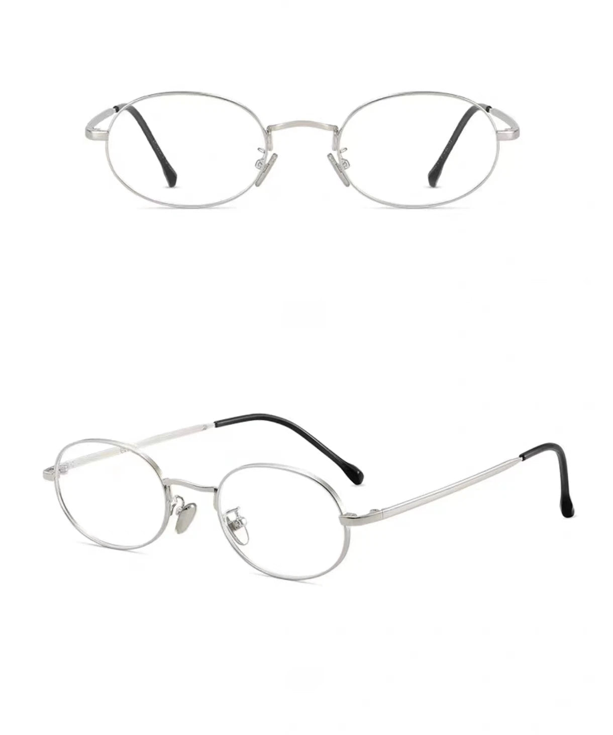 Silver and Black retro oval full-rim glasses, original front and 45-degree views