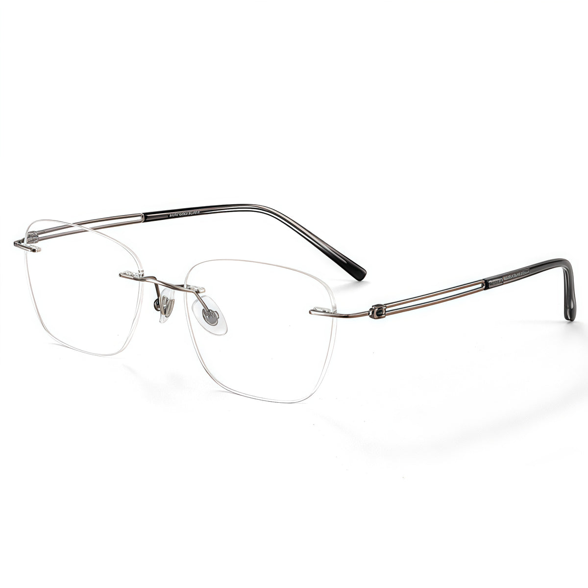 Gunmetal unisex titanium rimless rounded-rectangle eyeglass frames, product view