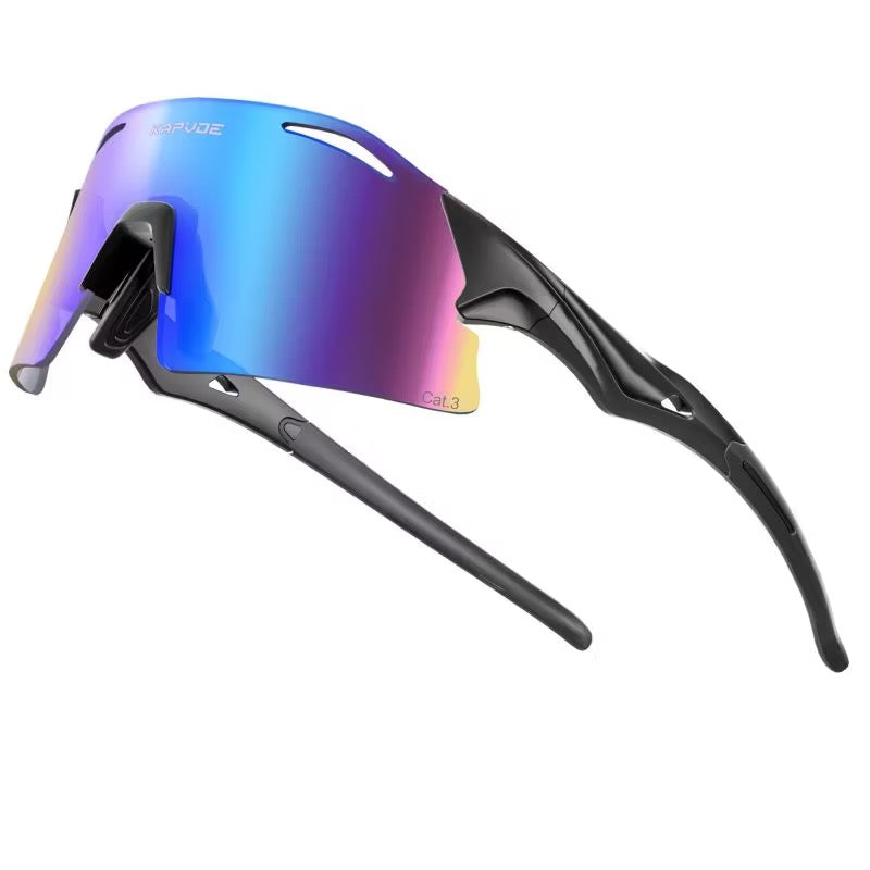 Black Frame/Blue Mirror Lens 45-degree product view of Performance Lightweight Photochromic Sports Sunglasses