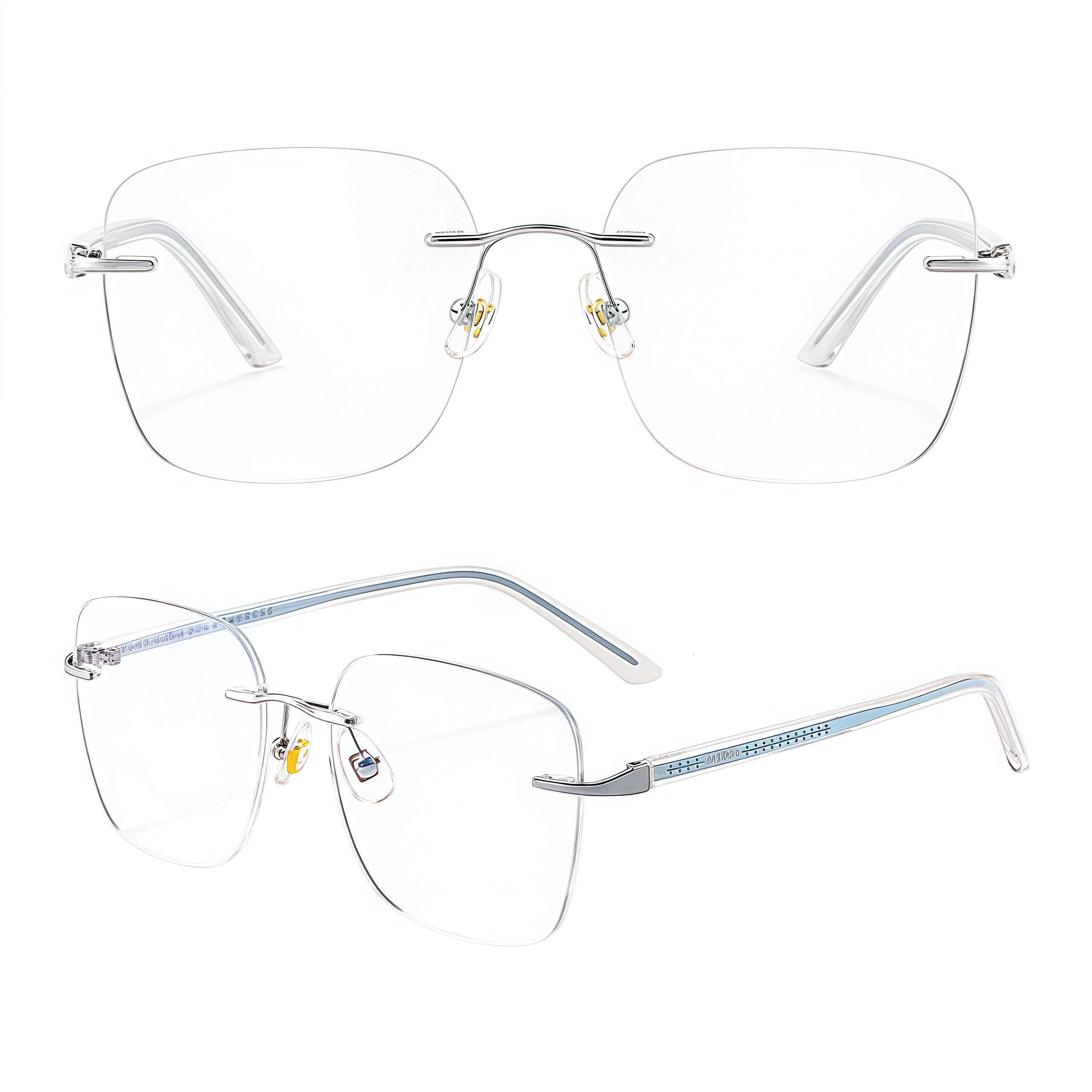 Silver women's alloy geometric cat-eye rimless eyeglass frames, product views