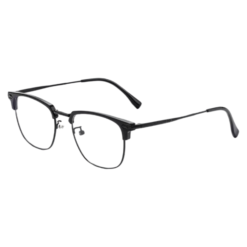 Black sophisticated square browline profile semi-rimless eyeglass frame, three-quarter product view
