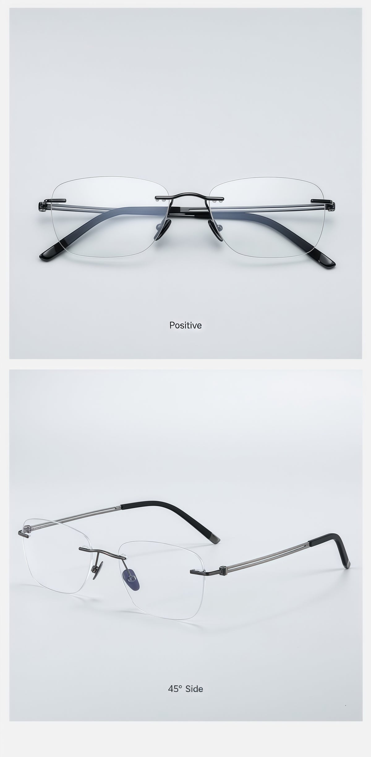Gunmetal men's pure titanium rimless rectangular glasses in front and 45-degree product views
