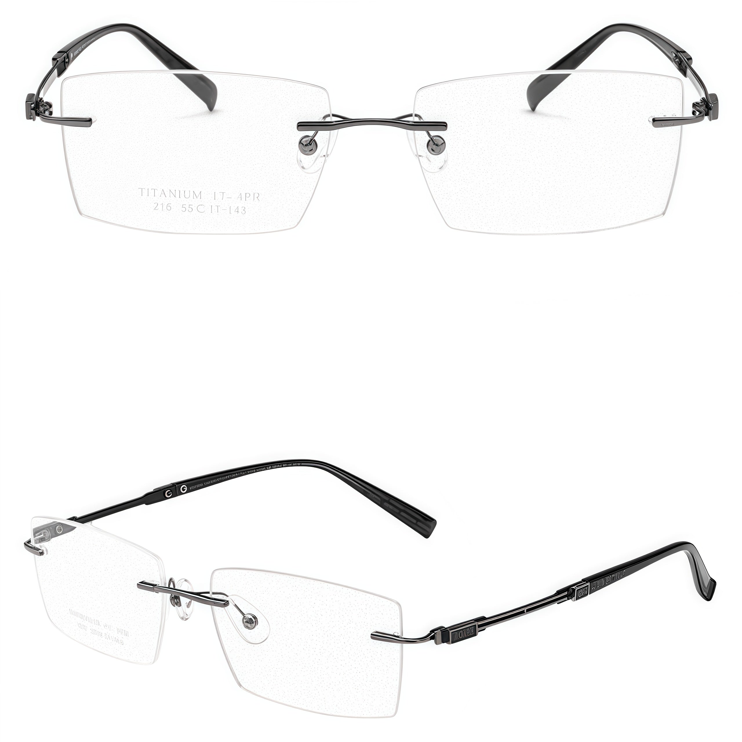 Gunmetal men's titanium rimless rectangular glasses with geometric temples, supplier composite detail