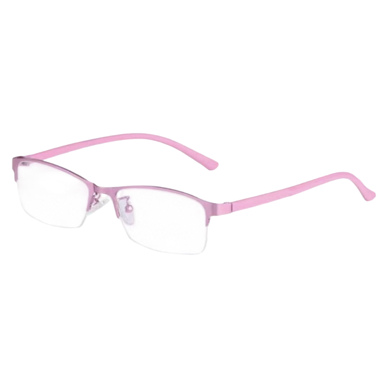 Pink slim business-casual rectangular profile semi-rimless eyeglass frame, three-quarter product view